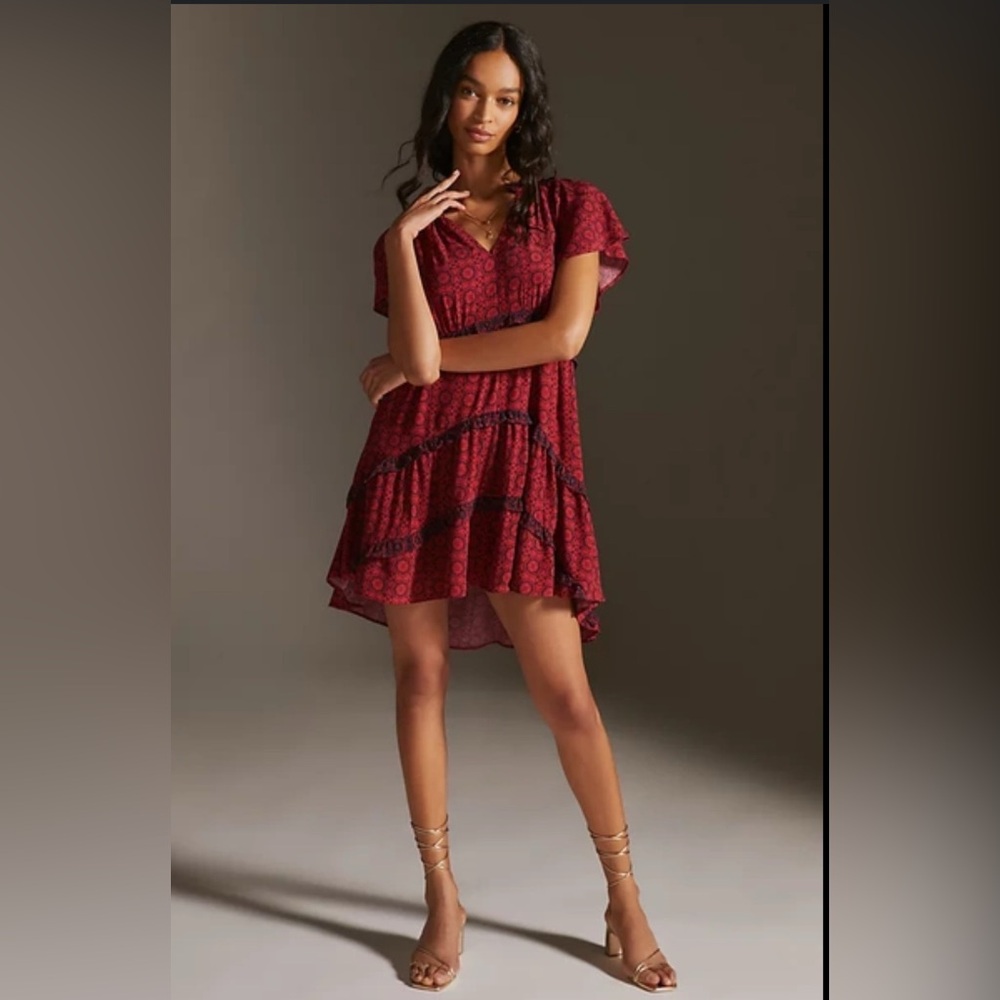 Anthropologie Red Patterned Tiered Short Dress